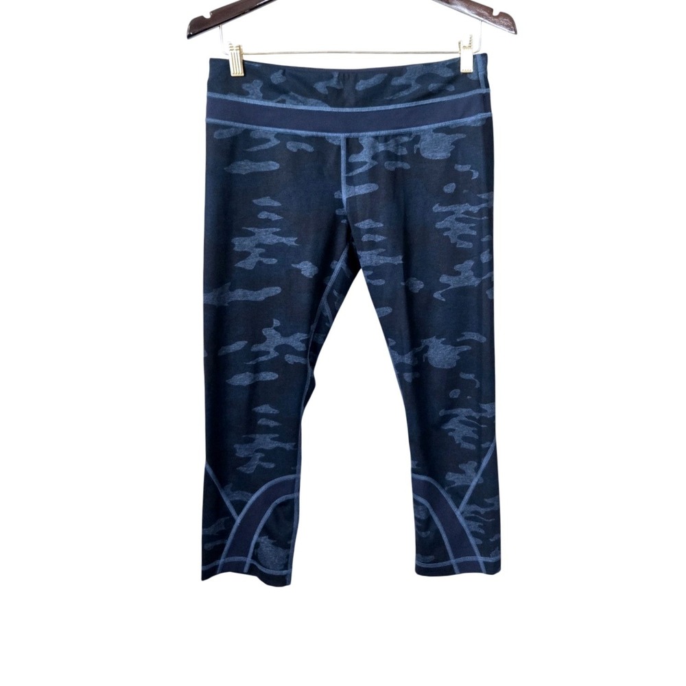 Lululemon Blue Camo Mesh Crop Leggings Mid Rise Back Zip Pocket Size 8 Womens